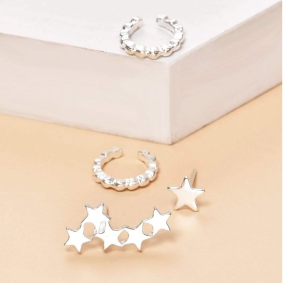 5 for $25 Silver Color 4 Piece Star Studs and Cuff - Picture 4 of 5